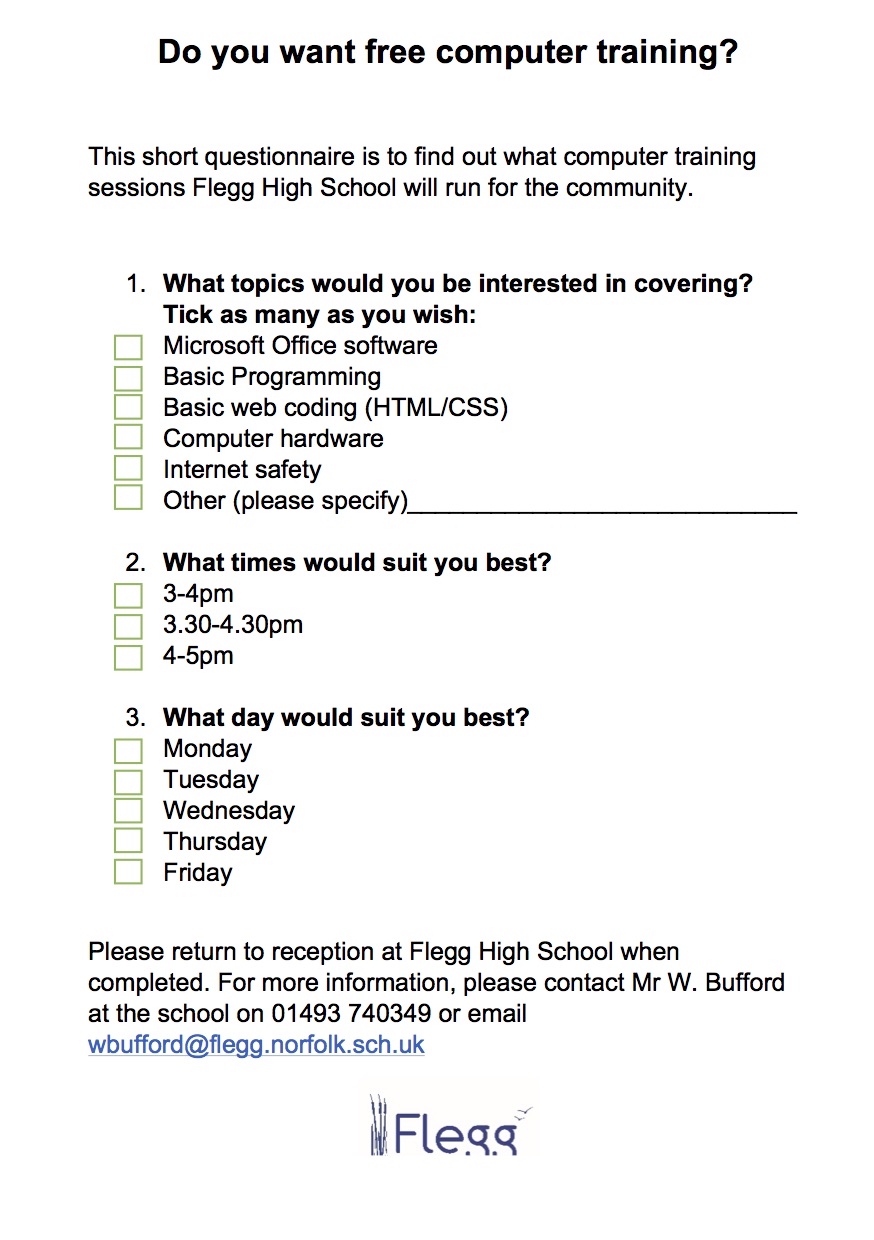Free Computer Lessons Questionnaire Martham Parish Council